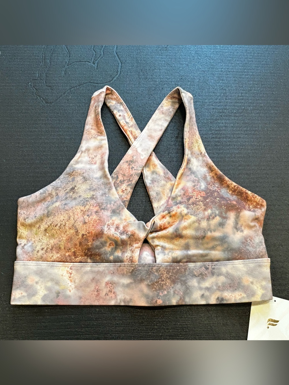 Fabletics Oasis Twist Sports Bra — Rust, Beige, Gray Marble Print